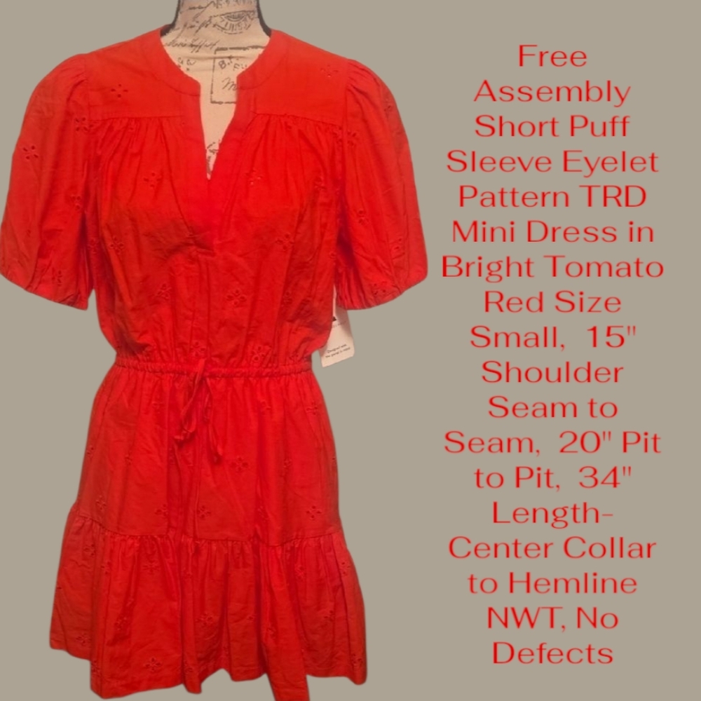 FREE ASSEMBLY Bright Tomato Red S/S Puff Eyelet TRD Mini Dress Size Small NWT